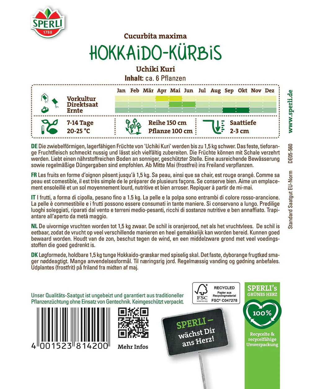 SPERLI Hokkaido Kürbis-Samen 'Uchiki Kuri' - Image 2